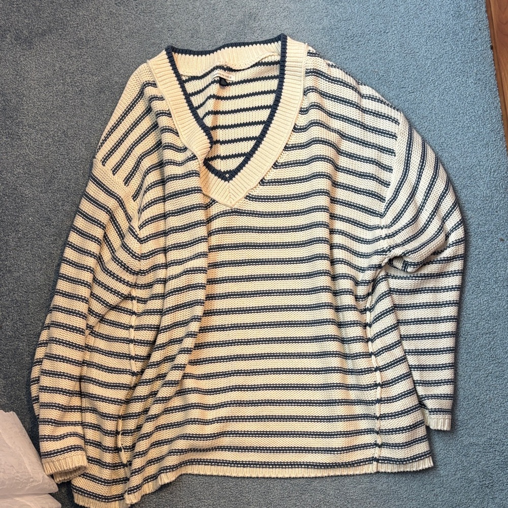 American Eagle Outfitters Cream and Navy V-Neck Sweater